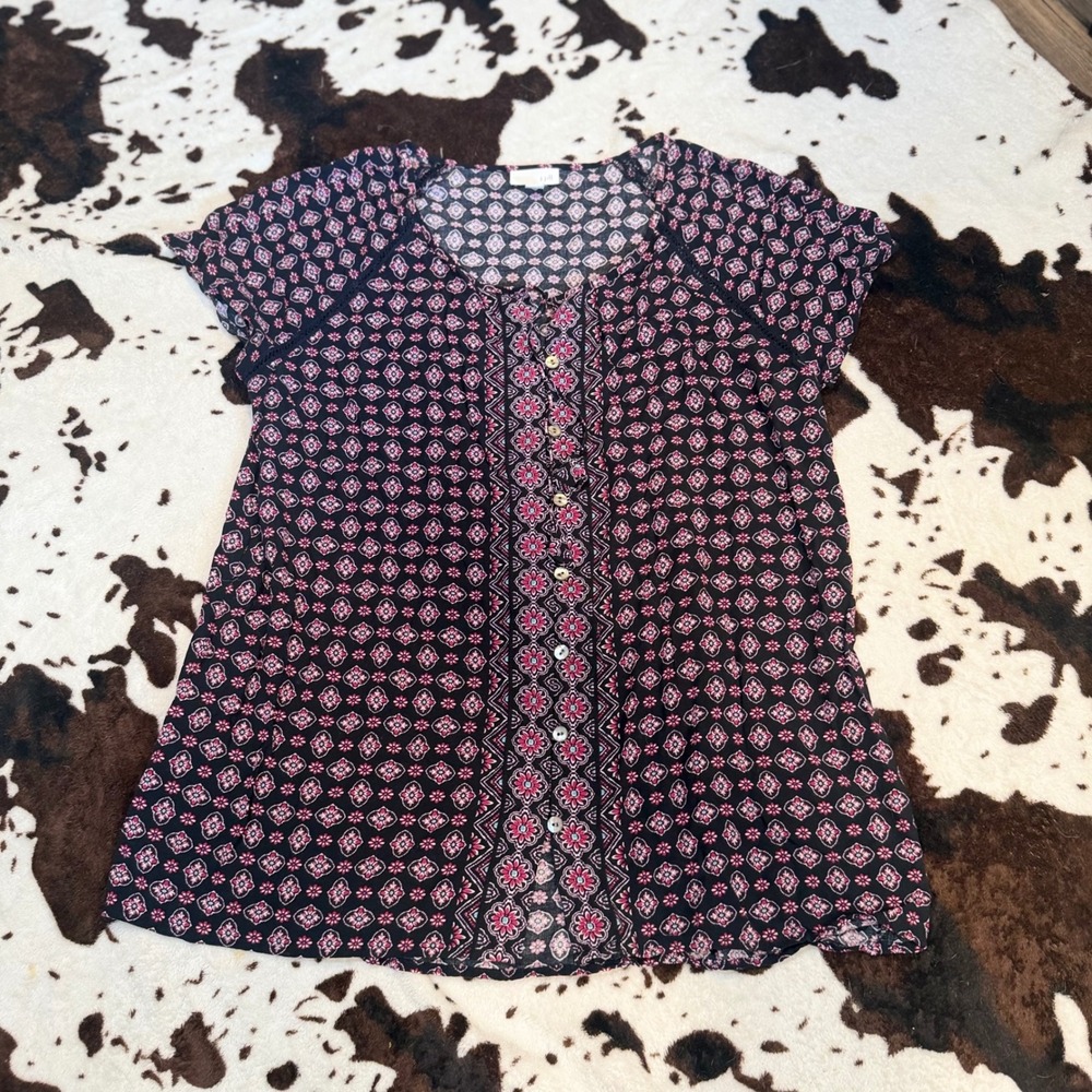 J. Jill Blouse Womens Medium Black Pink Medallion Boho Button Front Rayon‎ Top